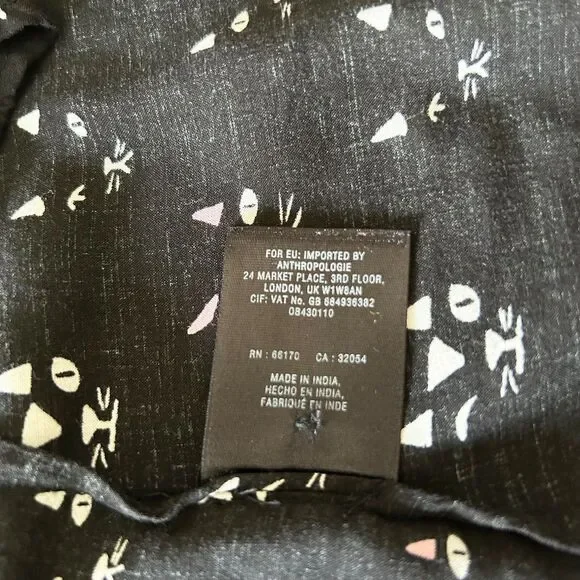 Maeve Anthropologie Long Sleeve Top Women's Size 4 Clever Cat Print Black Rayon - Picture 5 of 6